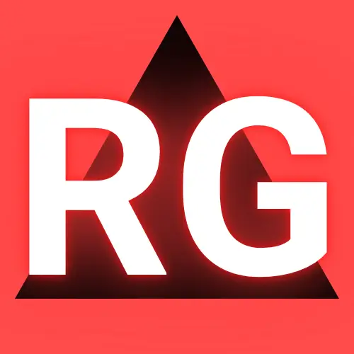 Logo RG moderne et minimaliste avec un fond rouge et un triangle noir